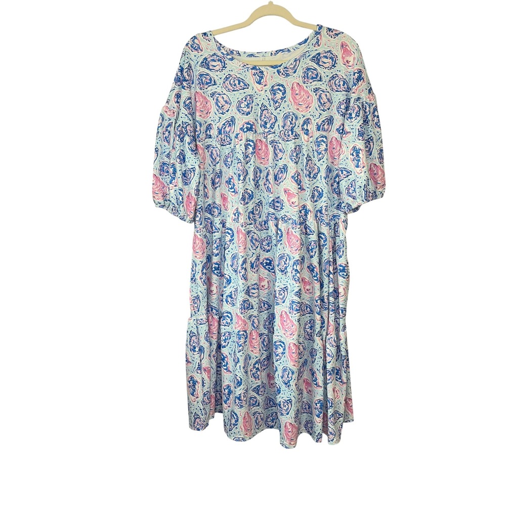 Simply Southern Oyster Shell Tiered Babydoll Dress Blue Pink XL NWT UPF 50+